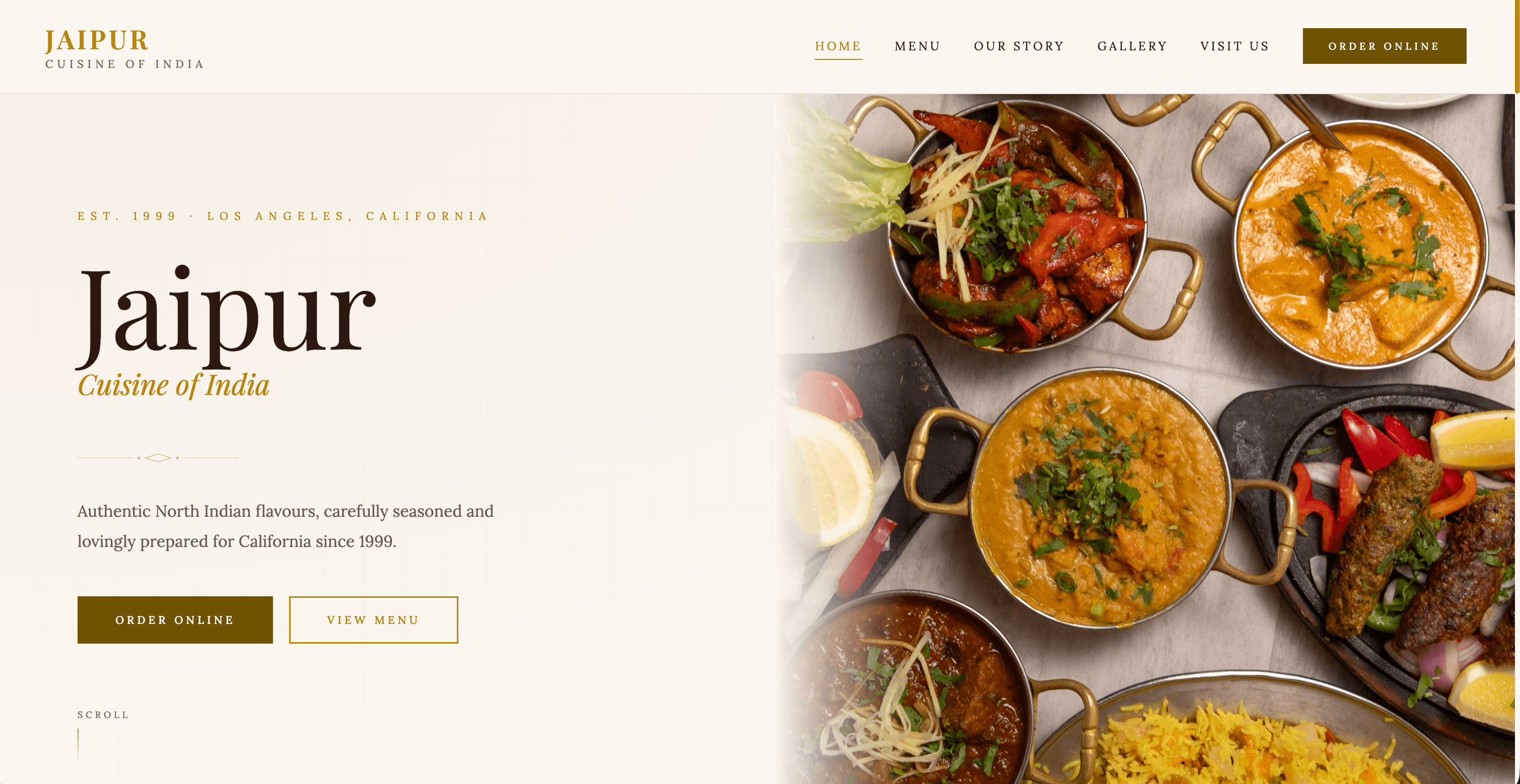 The live Jaipur Cuisine of India homepage, built by Indentri, with online ordering.