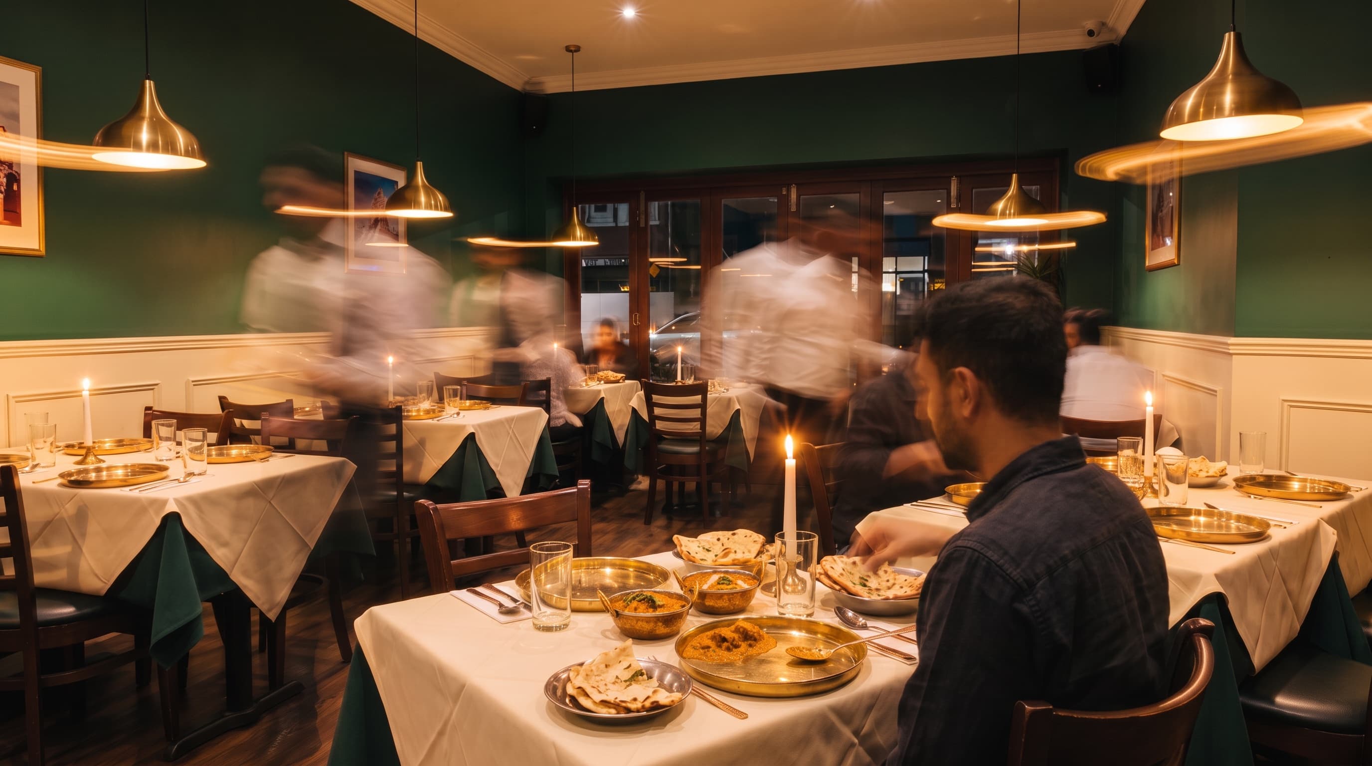 Diners at a candlelit table of brass thalis while servers sweep through the dining room as motion streaks.